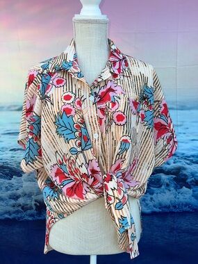 Cupshe floral and striped oversized beach cover-up shirt.